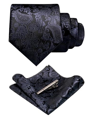 JEMYGINS Mens Solid Color Paisley Necktie and Pocket Square with Tie Clip Sets - color: Charcoal Grey