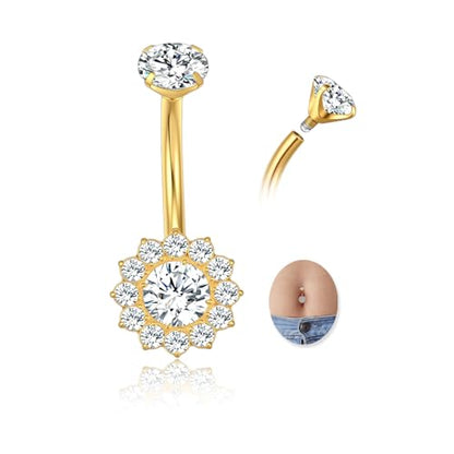 G23 Titanium Belly Button Ring 14G Golden Silvery Belly Ring for Women, Halo Internally Threaded Flower Opal Piercing Jewelry 8/10/12/14mm Barbell with Cubic Zirconia - color: 1pcs-Golden(10mm) -Clear CZ