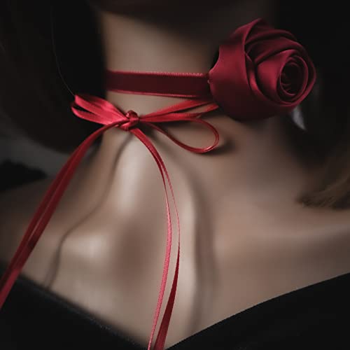 Black Choker Camellia Flower Lace-up Necklace For Women - color: Red ribbon rose