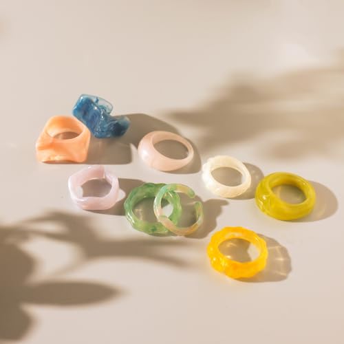 Resin Acrylic Plastic Stackable Rings for Women | Statement Chunky, Trendy Colorful, Knuckle Jewelry, Dome Thick Rings, Bulk Set - color: PurpleBlue