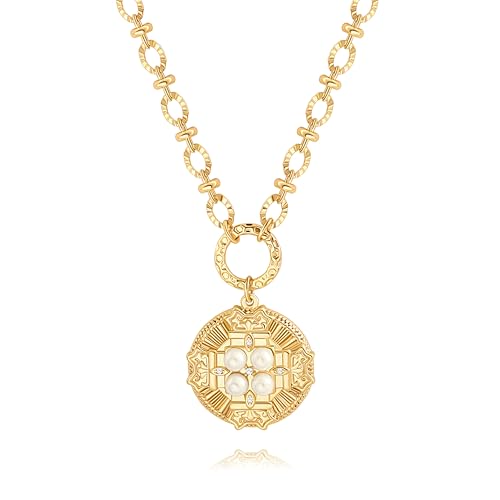 18k Gold Plated Chain Link Necklace for Women, Baroque Pearl/Compass Pendant Necklace - color: Cross