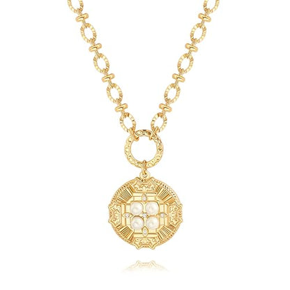 18k Gold Plated Chain Link Necklace for Women, Baroque Pearl/Compass Pendant Necklace - color: Cross