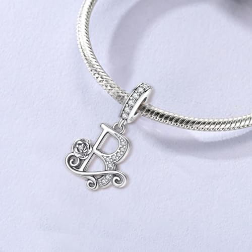 LNQOBU Complete A~Z Alphabet Charm Letter Beads, Solid 925 Sterling Silver with Cubic Stones Rose Alphabet Charm fits Pandora Bracelets Necklace Women Jewelry - color: CYT-B