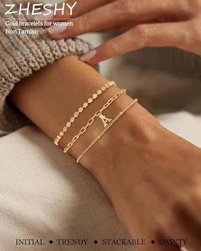 ZHESHY Gold Initial Bracelets for Women Dainty Letter A-Z Charm Bracelets Non Tarnish 14K Gold Plated Stackable Layered Paperclip Link Chain Bracelets Stack Set Personalized Gifts Womens Jewelry - color: Gold J