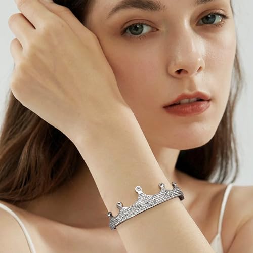 14k Gold Plated Cubic Zirconia Bangle Classic Bracelets for Woman, Sparkly Rhinestones Crown Bangle Stainless Steel Stackable Cuff Bracelet Trendy Statement Jewelry Gifts - color: SilverCrown