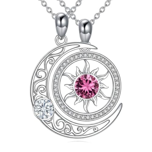 Couples Necklace for 2 Sun and Moon Pendant Matching Jewelry Anniversary Birthday Gifts for Couples BFF - color: April&October