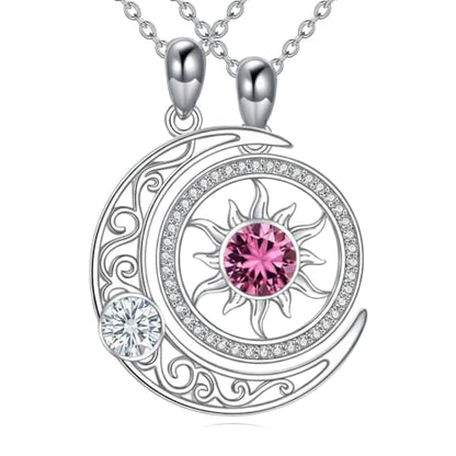 Couples Necklace for 2 Sun and Moon Pendant Matching Jewelry Anniversary Birthday Gifts for Couples BFF - color: April&October