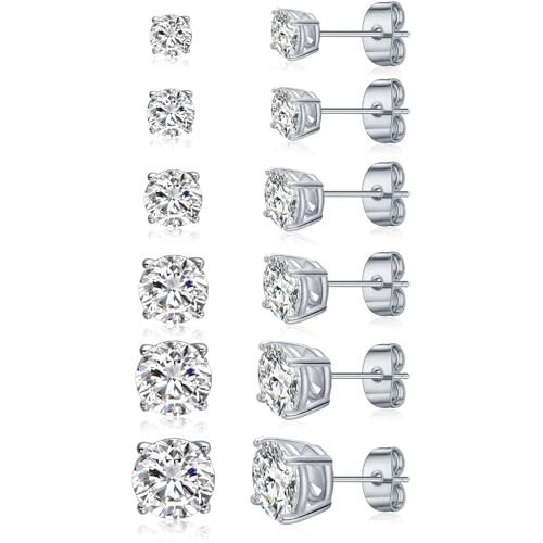 Gemsme 5 Pairs Princess Cut Cubic Zirconia Stud Earrings for Women/Men - 18K Gold Plated Hypoallergenic 3-7mm Square Clear CZ Earring Set - color: White Gold-Round 4 Prong