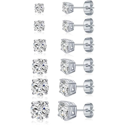 Gemsme 5 Pairs Princess Cut Cubic Zirconia Stud Earrings for Women/Men - 18K Gold Plated Hypoallergenic 3-7mm Square Clear CZ Earring Set - color: White Gold-Round 4 Prong