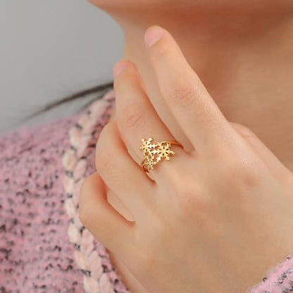 OIDIMS Xmas Snowflake Ring for Women Elegant Winter Flower Adjustable Open Band Rings Hypoallergenic Stainless Steel Christmas Holiday Wedding Engagement Prom Jewelry for Her Stocking Stuffer - color: Gold