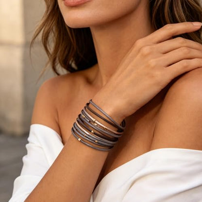 hotoo Leather Wrap Bracelet for Women - color: Multi-Strand (Gray-Gold)