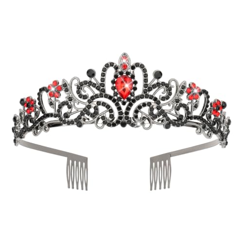 Gothic Tiara for Women, Black Red Crystal Crown, Tiara with Combs - color: Gunmetal