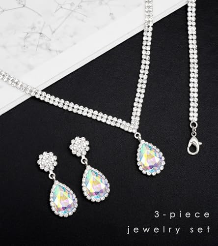 Elegant Silver Crystal Wedding Necklace Earrings Bracelet Jewelry Set for Women Brides Bridesmaids Prom Party Costume Accessory Bridal Jewelry - color: silver-iridescent AB