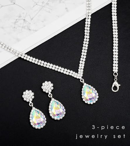 Elegant Silver Crystal Wedding Necklace Earrings Bracelet Jewelry Set for Women Brides Bridesmaids Prom Party Costume Accessory Bridal Jewelry - color: silver-iridescent AB