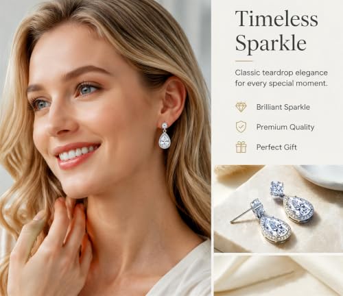 Drop Dangle Earrings Teardrop Gemstone Waterdrop White Gold Plated Crystal Hanging Cubic Zirconia Ruby Sapphire Emerald Jewelry Gift for Women Mother Wife - color: White