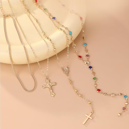 Layered Cross Necklace Set for Women, Layered Choker Necklaces Trendy Jewelry, Colorful Enamel Beaded Y-Shaped Lariat Necklace, Boho Multilayer Cross Necklace for Party and Daily Wear - color: Gold-02