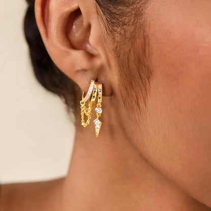 Cicy Bell Gold Earrings For Women 18k Gold Plated Triple Dangle Earrings | Hypoallergenic Drop Huggie Earrings Small Hoop Statement Chain Tassel Earrings Trendy Jewelry Gifts - color: Style C-Gold