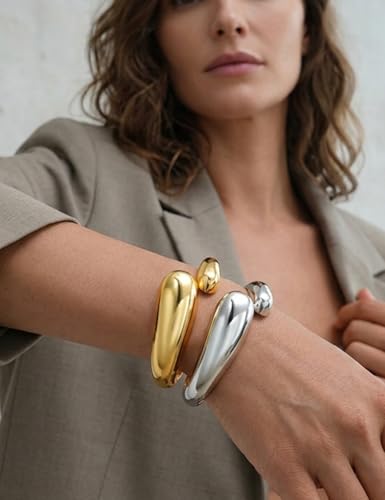 Chunky Gold Bangle Bracelets for Women, Dainty 14k Gold Plated Big Stackable Bangles Set, Trendy Statement Cuff Bracelet Stack Fashion Jewelry Gifts - style: 2 Silver & gold teardrop chunky bangles