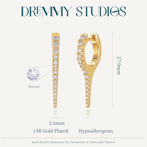 DREMMY STUDIOS Gold Dainty Huggie Hoop Earrings 18K Gold Plated Exquisite Open Tassel Dangle Charm Drop Sleeper Geometric Cross Coin Star Heart White CZ Simple Hypoallergenic Earrings for Women - color: Long-CZ