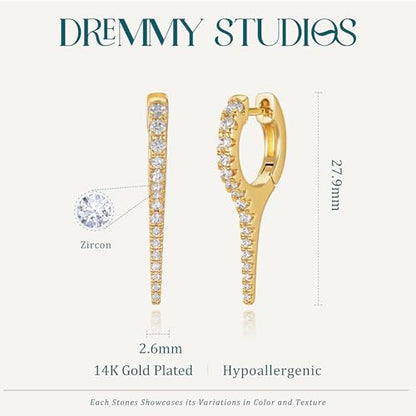 DREMMY STUDIOS Gold Dainty Huggie Hoop Earrings 18K Gold Plated Exquisite Open Tassel Dangle Charm Drop Sleeper Geometric Cross Coin Star Heart White CZ Simple Hypoallergenic Earrings for Women - color: Long-CZ