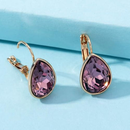 Austrian Crystal Teardrop Leverback Drop Earrings for Women | 14K Gold-Plated Finish, Sparkling Pear Stone, Smooth Bezel Frame, Secure Leverback Closure, Dainty Day-To-Evening Style - color: Amethyst