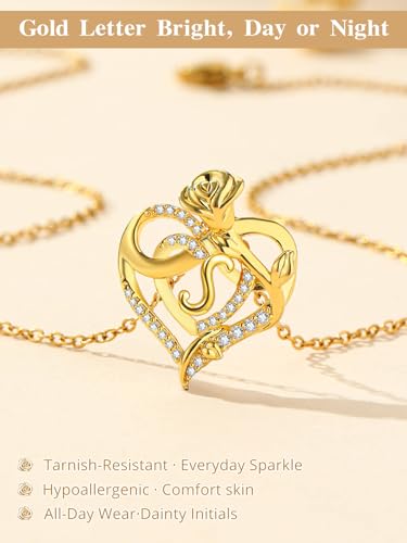 14k Gold Heart Initial Necklaces for Women, Dainty Letter Pendant Chain Necklace, Letter A to Z Initial Jewelry, Anniversary Birthday Gifts for Her Wife Mom Daughter - style: Letter S