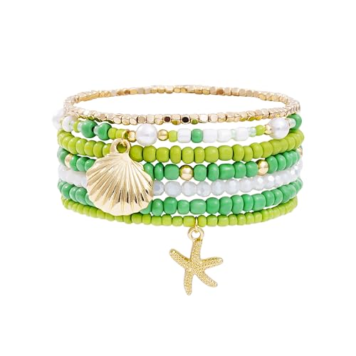 LALAPPLE Shell Bracelet Boho Beaded Stretch Bracelets for Women Seashell Strand Bracelets Starfish Charm Jewelry Summer Beach Jewelry Stackable Crystal Gold Plated Beads Bracelet for Women - style: Style5