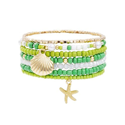 LALAPPLE Shell Bracelet Boho Beaded Stretch Bracelets for Women Seashell Strand Bracelets Starfish Charm Jewelry Summer Beach Jewelry Stackable Crystal Gold Plated Beads Bracelet for Women - style: Style5