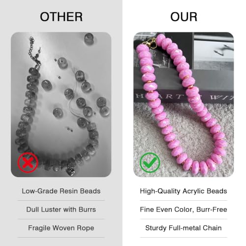 Colorful Chunky Acrylic Beaded Choker Necklaces for Women | Multicolor Faceted Beads, Sturdy Metal Chain, Adjustable Detachable, Lightweight, Summer Boho, Sparkly Statement Jewelry Gift - color: Pink