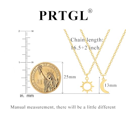 Dainty Gold Necklace: 14k Gold Plated Dianty Boots Bow Sun Moon Horse Evil Eye Conch Seahorse Necklace for Women 16.5"+2" - color: Sun&moon