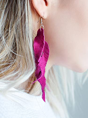 Leather Feather Earrings, Suede layered earrings, boho wedding jewelry, summer earrings, gift for her, dangle earrings - color: Bright pink