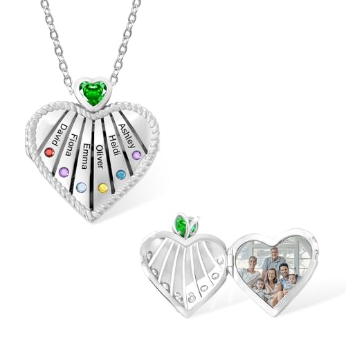 AILIN Custom Heart Locket Necklace With Picture Brass Personalized Mom Necklace With 1-6 Birthstones&Names Memorial Photo Necklace Mothers Day Jewelry Birthday Gifts for Women Grandma