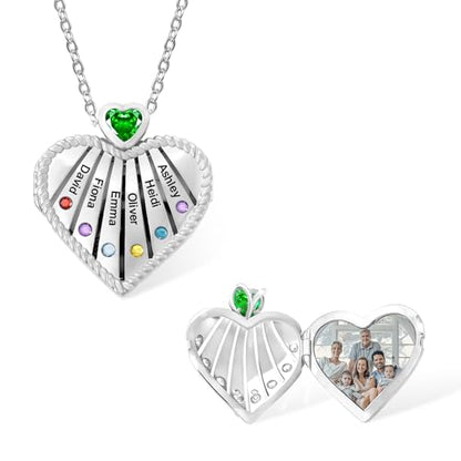 AILIN Custom Heart Locket Necklace With Picture Brass Personalized Mom Necklace With 1-6 Birthstones&Names Memorial Photo Necklace Mothers Day Jewelry Birthday Gifts for Women Grandma