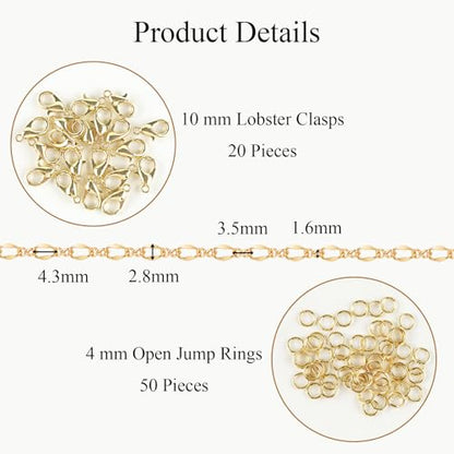 Jabogrii 32.8 Feet Lip Jewelry Making Chains Bulk 18K Gold Brass Chain | Permanent Chain for Jewelry Making DIY Craft Chain Roll Jewelry Findings - color: Lip Gold