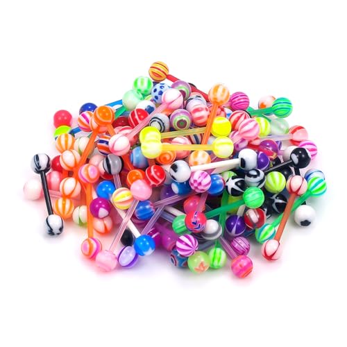14G 100Pcs Colorful Ball Surgical Steel and Bioflex Flexible Acrylic Nipple Tongue Rings Piercing Jewelry 14 Gauge Straight Barbell Tongue Nipple Ring Piercing Jewelry Retainer For Women Men - size: 14G-14MM Acrylic Bar