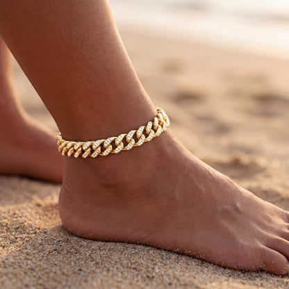 Width-12mm Chunky Cuban Link Ankle Bracelets for Women Waterproof, 18K Gold/Silver Plated Anklets Cubic Zirconia Adjustable Thick Chain Trendy Beach Summer Fashion Jewelry Gift - style: Style 2
