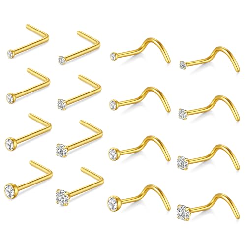 Briana Williams Nose Studs Nose Rings for Women 18G 20G Corkscrew Nose Ring Stainless Steel Nose Screw Studs Nose Rings Studs Surgical Steel Nostril Nose Piercing Jewelry - color: E -18g, Gold