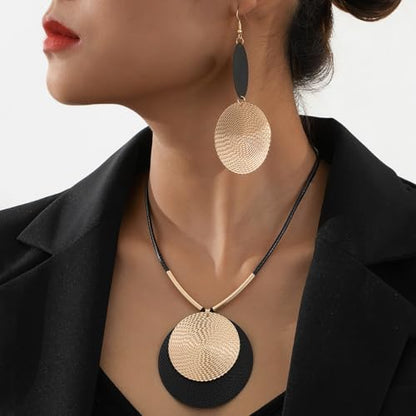 Statement Necklace and Earrings Set – 2PCS Gold Silver Chunky Geometric Pendant Jewelry with Snake Chain, Asymmetrical Ellipse Y-Necklace Metallic Fashion Jewelry for Women - color: D:Geometric Black Gold Set