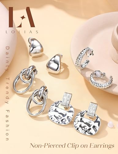 LOLIAS Clip On Earrings for Women 14K Gold Plated Clip Earrings Non Pierced | Hypoallergenic Ears Clips CZ Pearl Knot Twist Chunky Hoop and Studs Earring Set Lightweight Fake Earings Jewelry - style: 10Pairs-Silver Plated