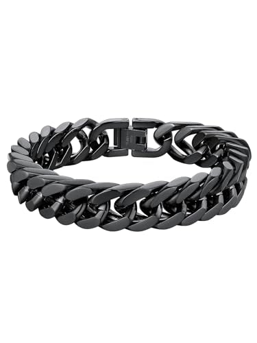 ChainsHouse Stainless Steel Cuban Link Bracelet, 6mm/8mm/12mm/17mm Width, 7.5"/8.3"/9", Black/ 18K Gold Plated Chain Wrist Bracelets for Men Women, Send Gift Box - color: I: Black-12mm width