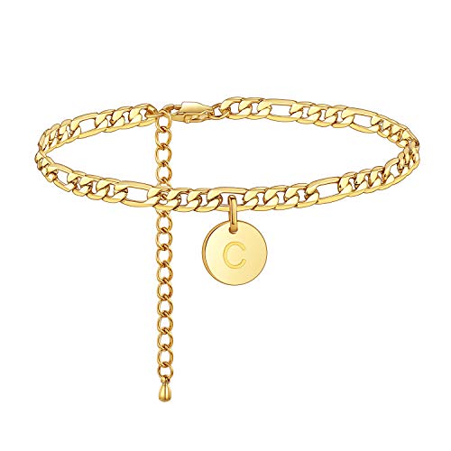 FOSIR 18k Gold Plated/Silver Tone Initial Anklets for Women, Surgical Stainless Steel Ankle Bracelets for Women Figaro Chain Anklet Beach Jewelry, Waterproof - style: C-gold