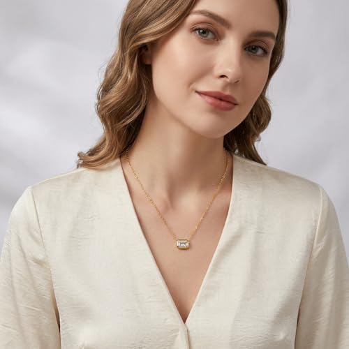 Gold Plated Emerald Cut Birthstone Necklace for Women - Horizontal East West Bar Pendant, Minimalist Everyday Jewelry, Birthday Gift for Her