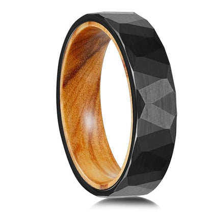 2/4/6/8mm Black/silver/gold Tungsten Rings for Men Womens Couple Fashion Jewelry Promise Engagement Wedding Band Hammered Inner ring inlaid with olive wood Carbide Polished Edge Comfort Fit - color: 6MM olive wood black