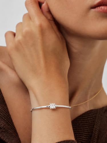 Gold Cuff Bracelets for Women, 14K Gold Plated Dainty Open CZ Cuff Bracelet Adjustable Stackable Open Bangle Bracelet Birthday Jewelry Gift for Her - color: Square CZ-Silver