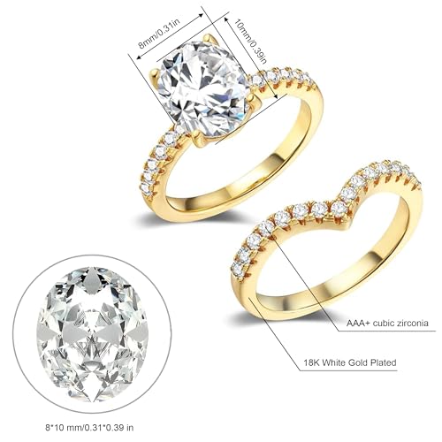 MDFUN 18K Gold Plated Promise Eternity Ring for Women, 7 * 9mm Oval Cubic Zirconia Two-in-One Rings Wedding Band Engagement - color: Gold