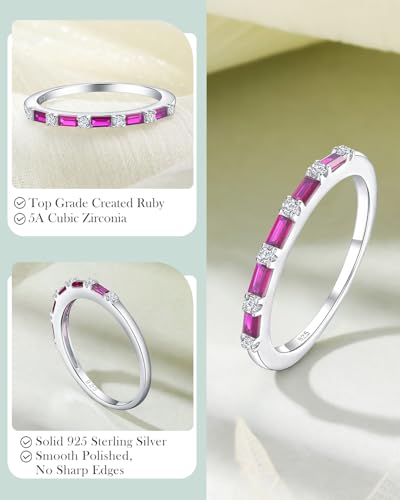 925 Sterling Silver 1.5mm Thin Baguette Stackable Rings for Women | Created Ruby/Sapphire/Emerald/Cubic Zirconia,Dainty Wedding Band Birthday Anniversary Jewelry(with Gift Box) - color: 04-Created Ruby & CZ