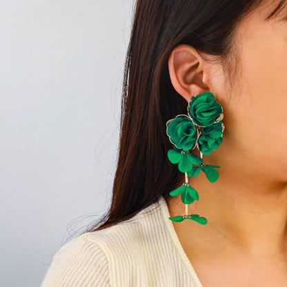 Fabric Flower Earrings for Women Colorful Long Tassel Floral Drop Earrings Fashion Boho Exaggerated Statement Beach Party Jewelry - color: green