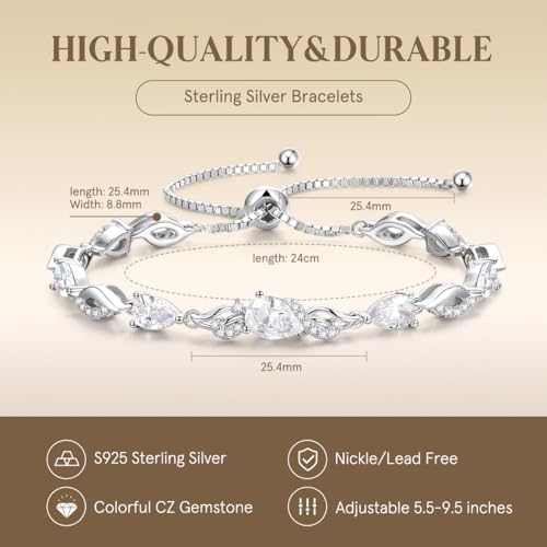 FANCIME Birthstone Teardrop Tennis Bracelet for Women, Sterling Silver 9x7mm main Gemstone Bolo Adjustable Chain Bracelet Fine Jewelry Birthday Gifts for Women Mom Wife Her - color: 04-CZ
