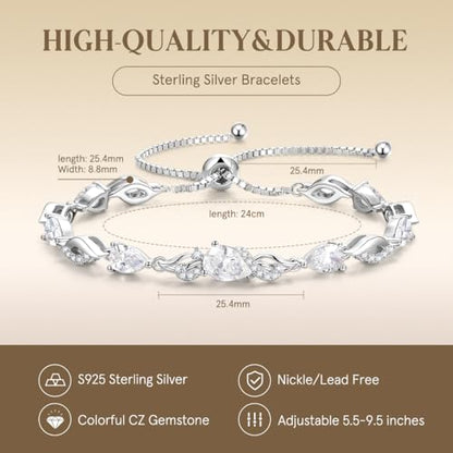 FANCIME Birthstone Teardrop Tennis Bracelet for Women, Sterling Silver 9x7mm main Gemstone Bolo Adjustable Chain Bracelet Fine Jewelry Birthday Gifts for Women Mom Wife Her - color: 04-CZ
