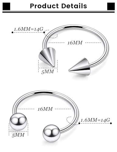 F136 Titanium 20/18/16/14/12/8/4/2g Septum Nose Rings Gauge Earrings Lip Rings Prince Albert Jewelry Internally Threaded Horseshoe Hoop Piercings - size: 14g*16mm